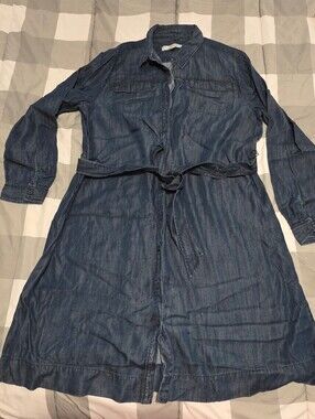Long Sleeved Denim Shirt Dress with Waist Tie - Blue